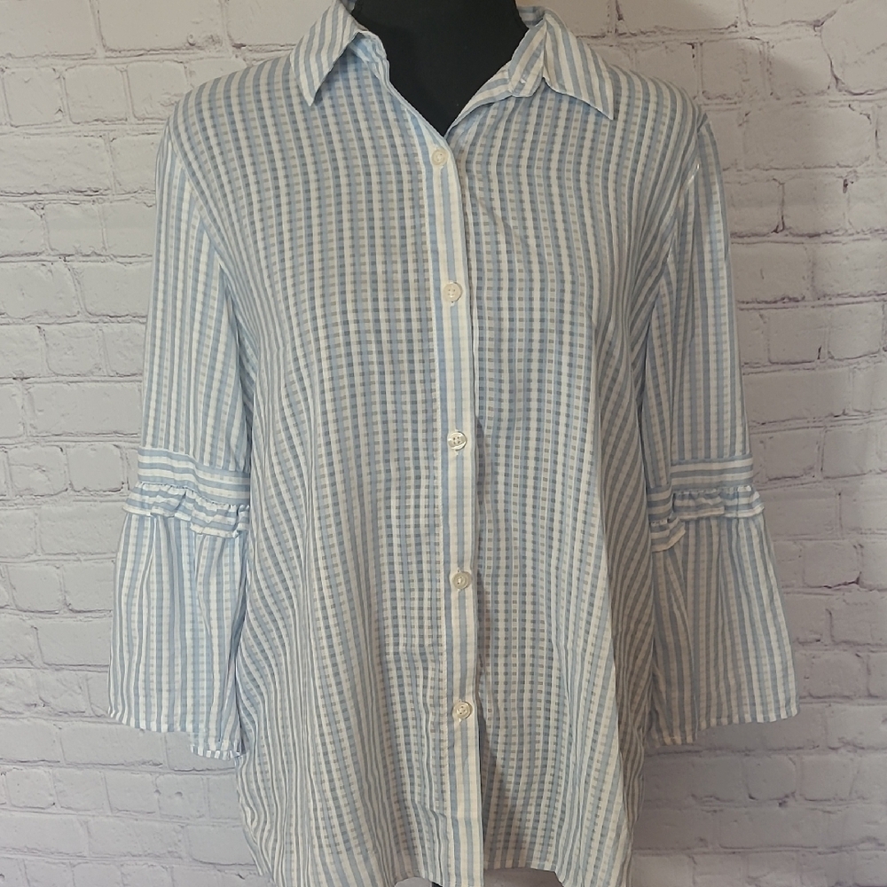 Blue White Sheer Small Checked Bell Sleeve Marc New York Button Front Blouse